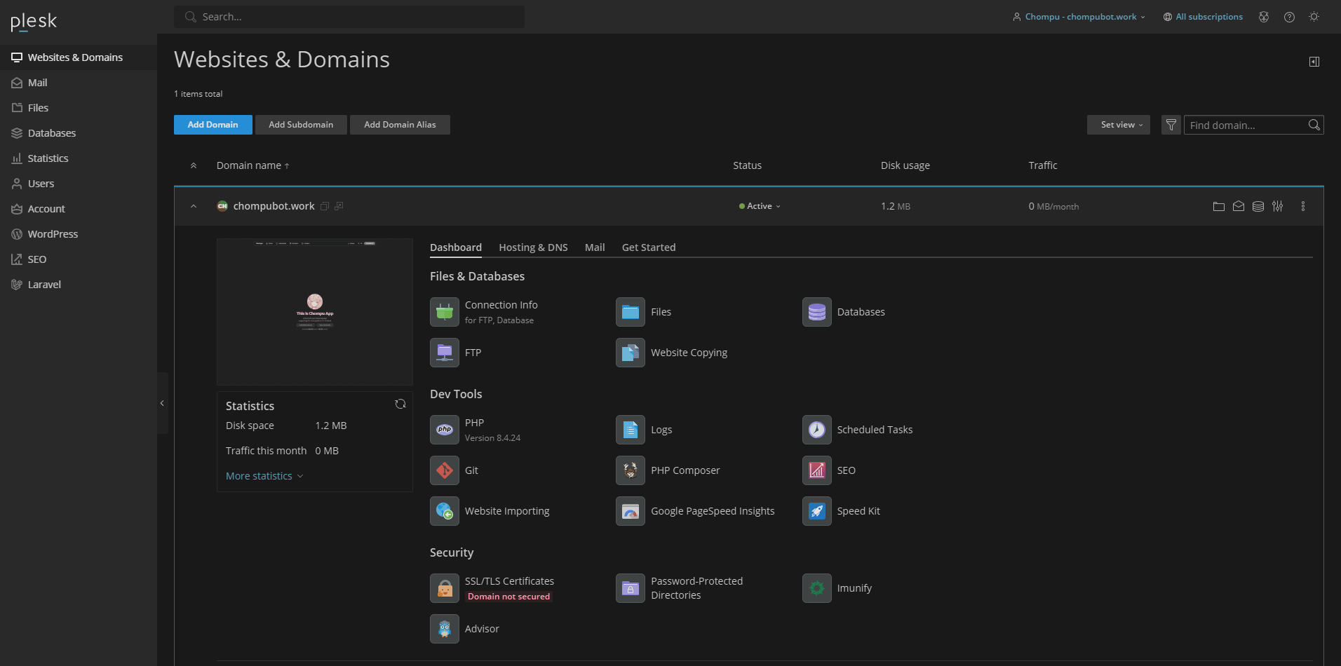ภาพหน้าจอตัวอย่างแดชบอร์ด Plesk Control Panel 1