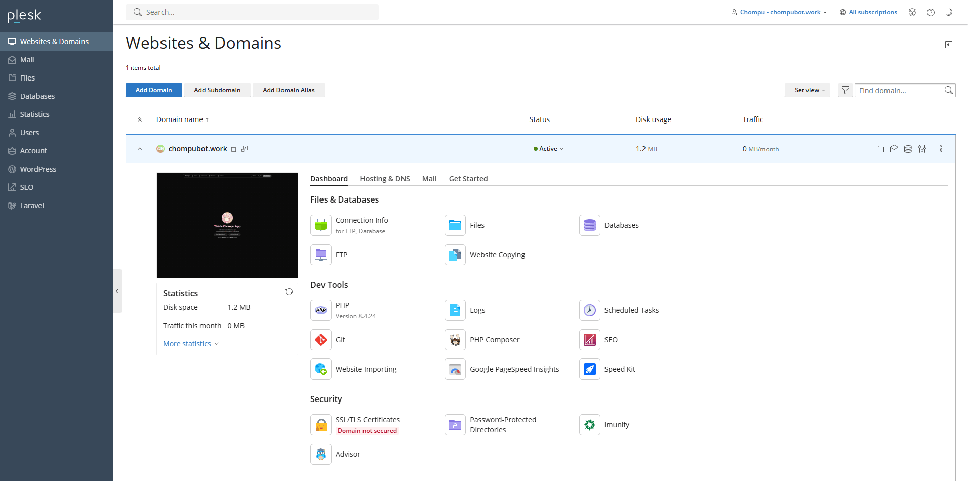 ภาพหน้าจอตัวอย่างแดชบอร์ด Plesk Control Panel 1